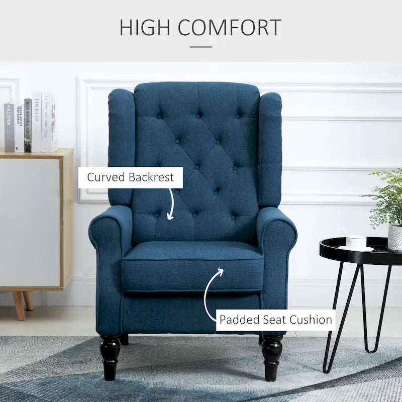 Poltrona accent blu con schienale ad ali, capitonné, monosedile