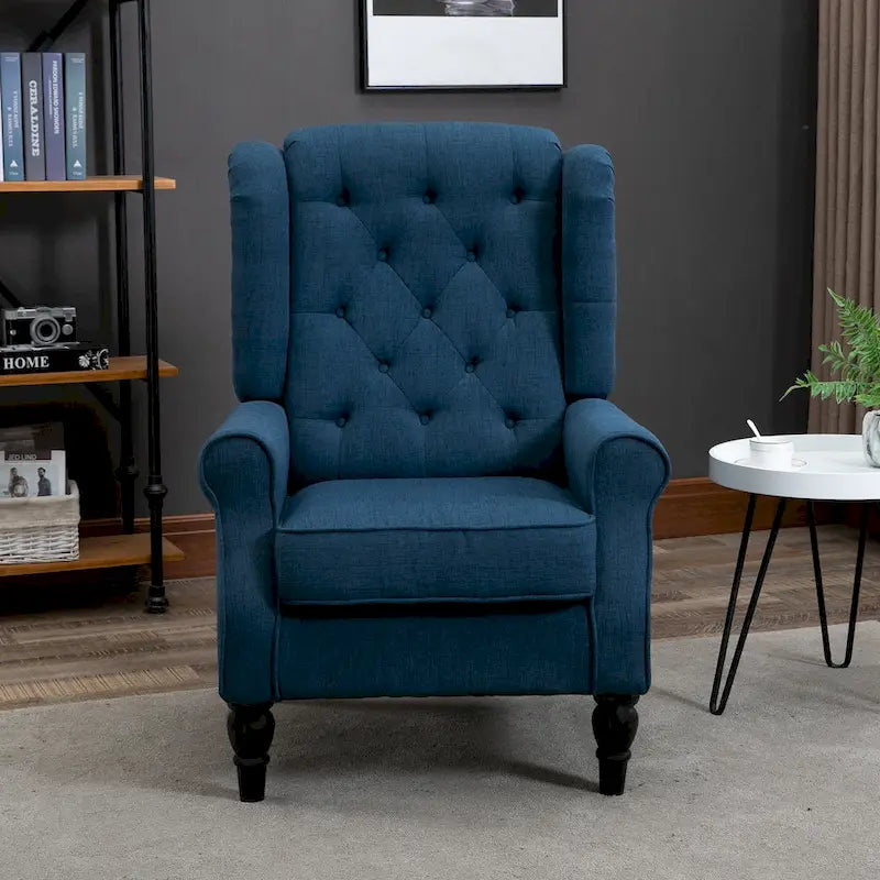 Poltrona accent blu con schienale ad ali, capitonné, monosedile