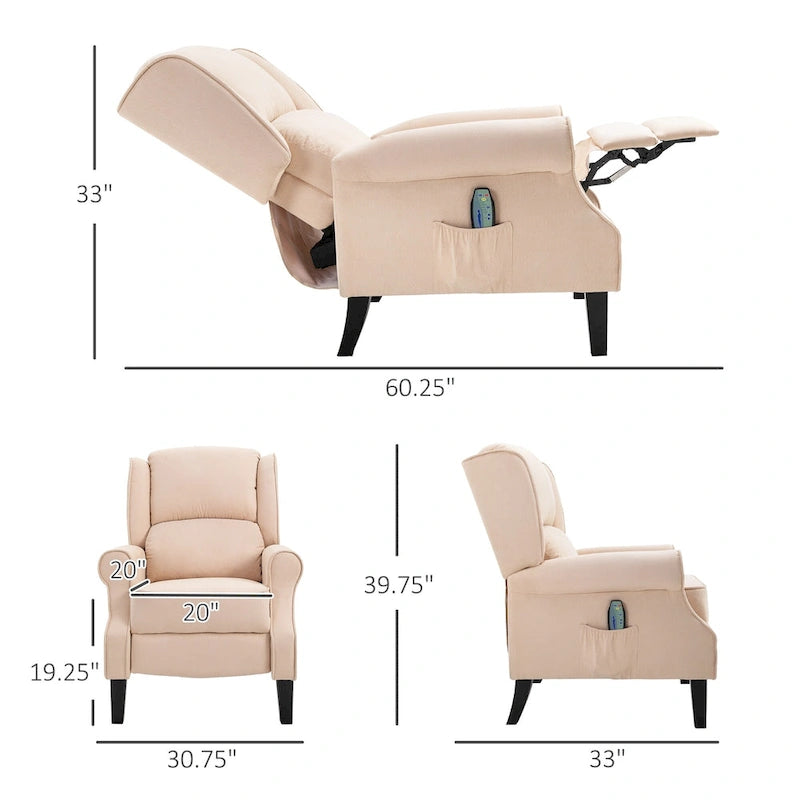 Poltrona massaggiante reclinabile con calore lombare e telecomando | Blu / Bianco crema / Nero / Beige / Marrone | Singola