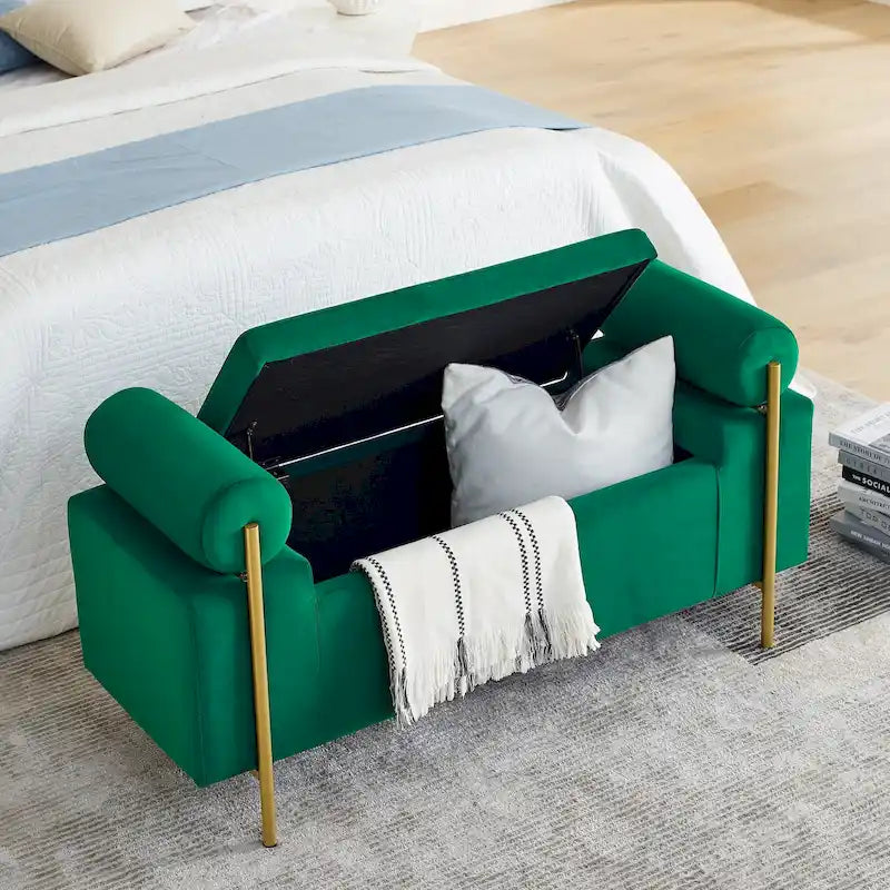 Panca contenitore in lino verde/bianco/beige con braccioli cilindrici, seduta singola