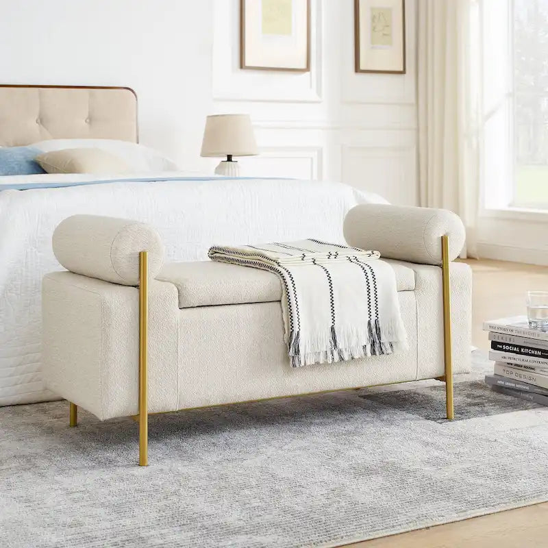 Panca contenitore in lino verde/bianco/beige con braccioli cilindrici, seduta singola