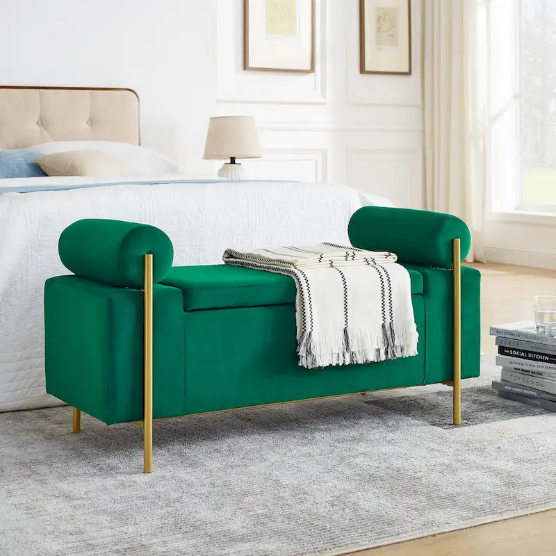 Panca contenitore in lino verde/bianco/beige con braccioli cilindrici, seduta singola