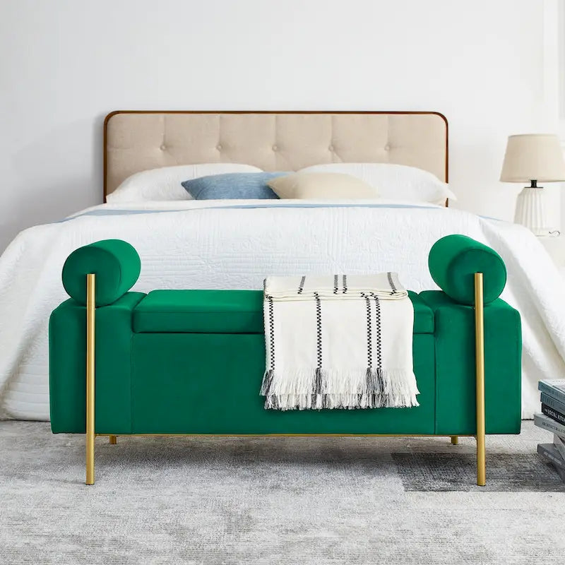 Panca contenitore in lino verde/bianco/beige con braccioli cilindrici, seduta singola