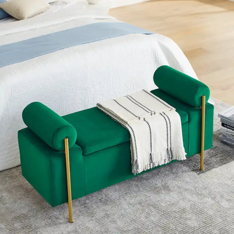 Panca contenitore in lino verde/bianco/beige con braccioli cilindrici, seduta singola