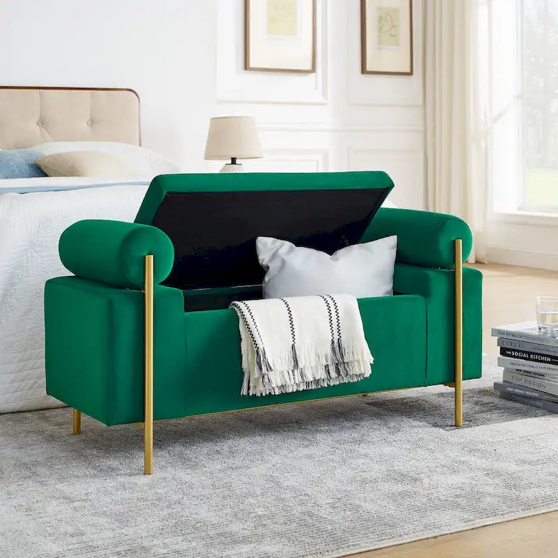 Panca contenitore in lino verde/bianco/beige con braccioli cilindrici, seduta singola