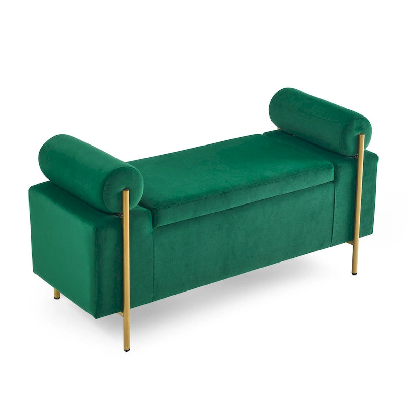 Panca contenitore in lino verde/bianco/beige con braccioli cilindrici, seduta singola