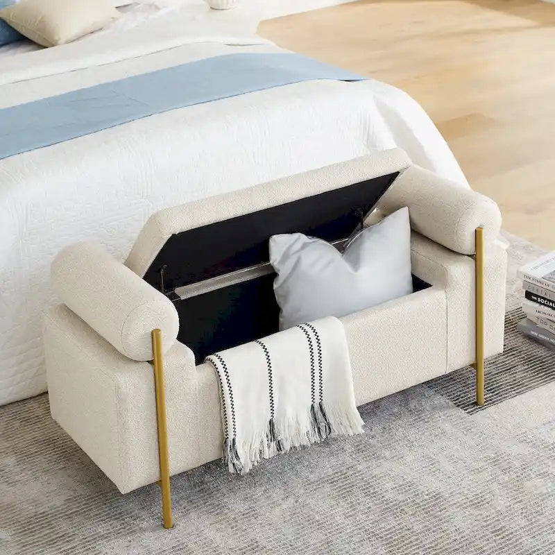 Panca contenitore in lino verde/bianco/beige con braccioli cilindrici, seduta singola