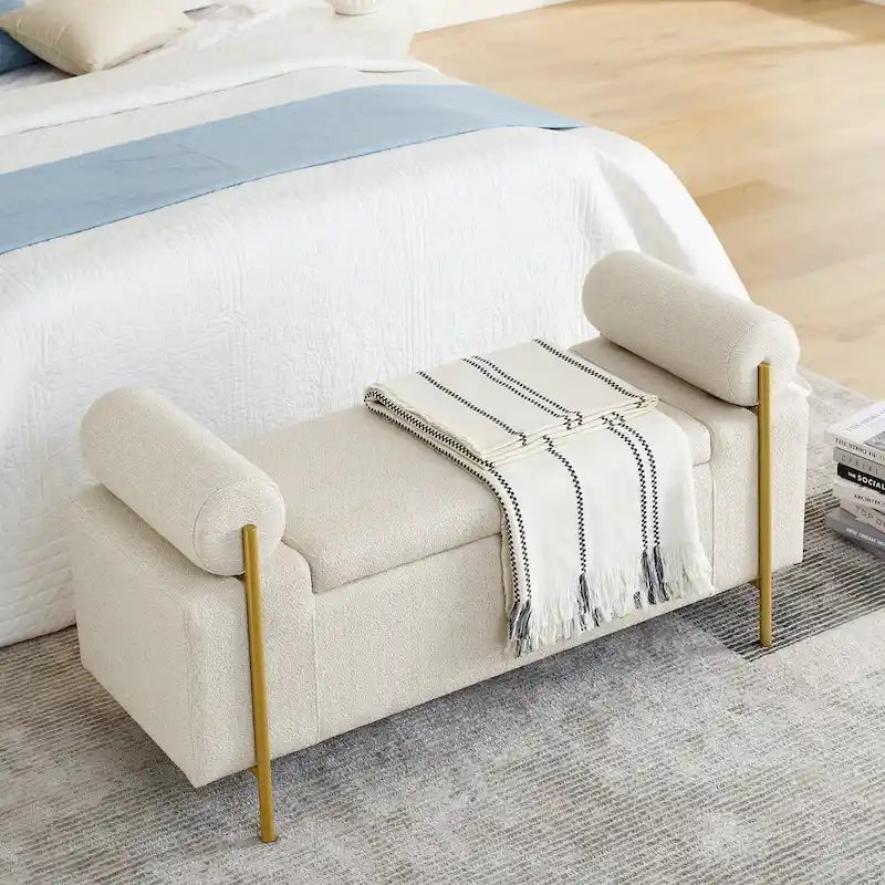 Panca contenitore in lino verde/bianco/beige con braccioli cilindrici, seduta singola