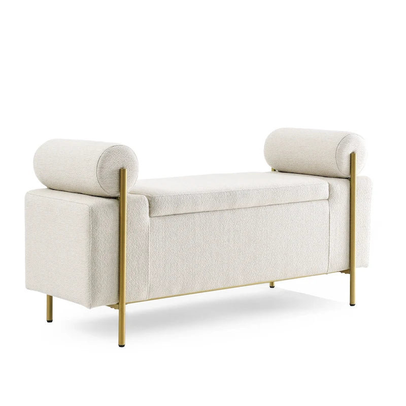 Panca contenitore in lino verde/bianco/beige con braccioli cilindrici, seduta singola