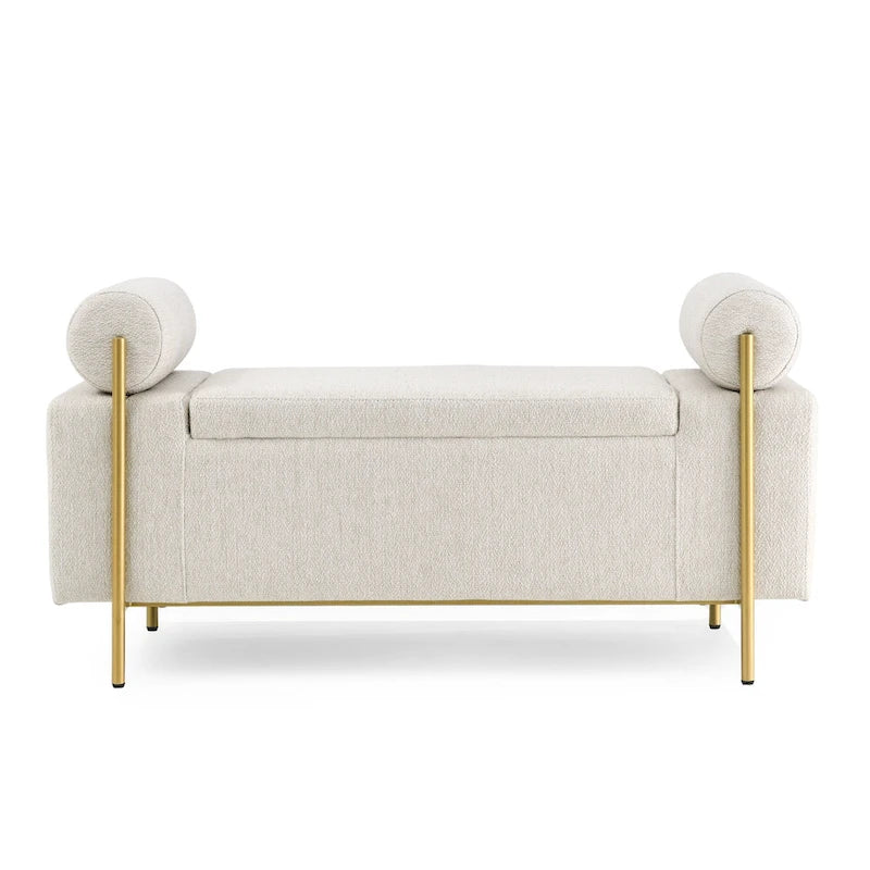 Panca contenitore in lino verde/bianco/beige con braccioli cilindrici, seduta singola