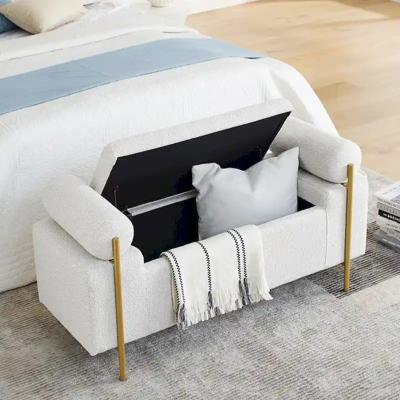 Panca contenitore in lino verde/bianco/beige con braccioli cilindrici, seduta singola