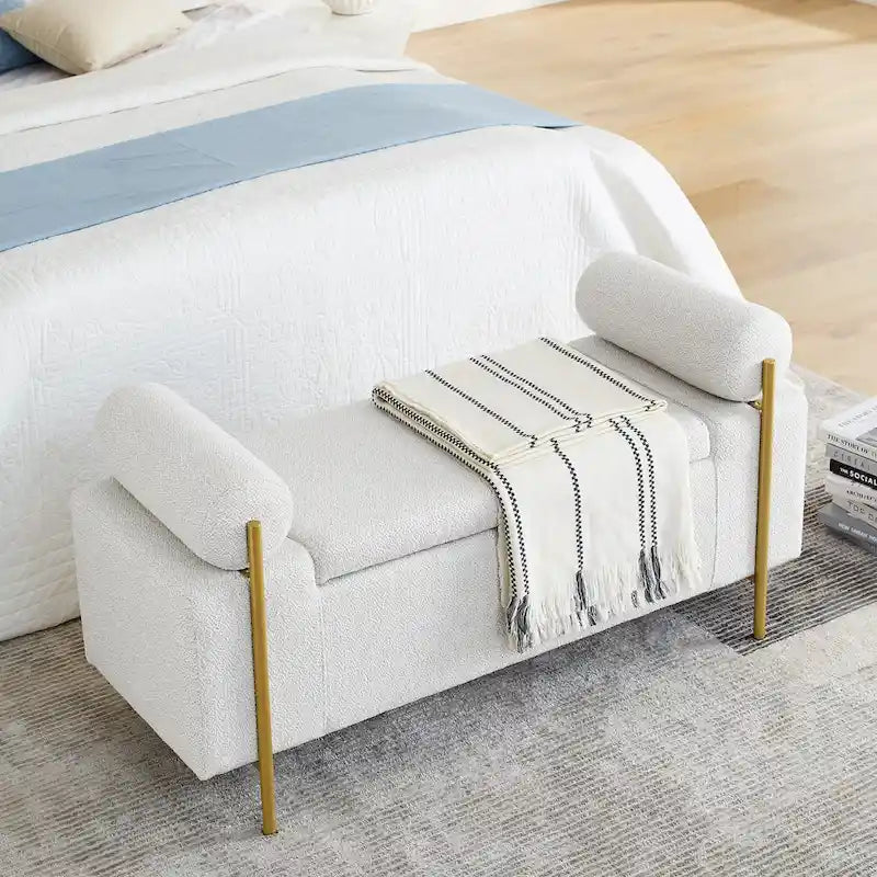 Panca contenitore in lino verde/bianco/beige con braccioli cilindrici, seduta singola
