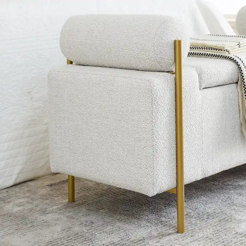 Panca contenitore in lino verde/bianco/beige con braccioli cilindrici, seduta singola