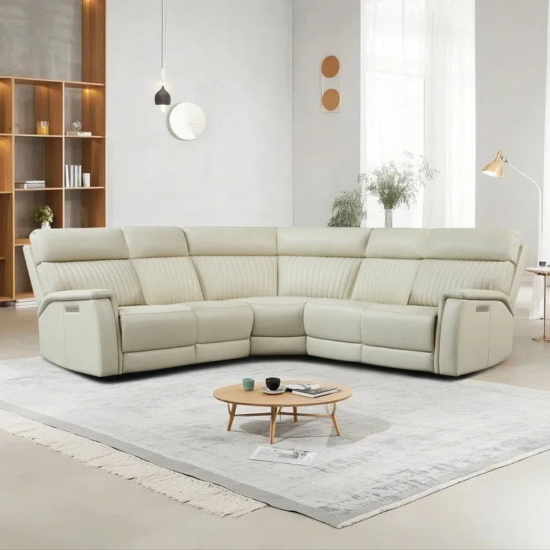 Divano componibile reclinabile elettrico in vera pelle panna/blu, gravità zero, 2 posti