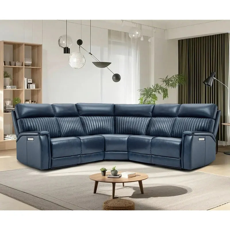 Divano componibile reclinabile elettrico in vera pelle panna/blu, gravità zero, 2 posti