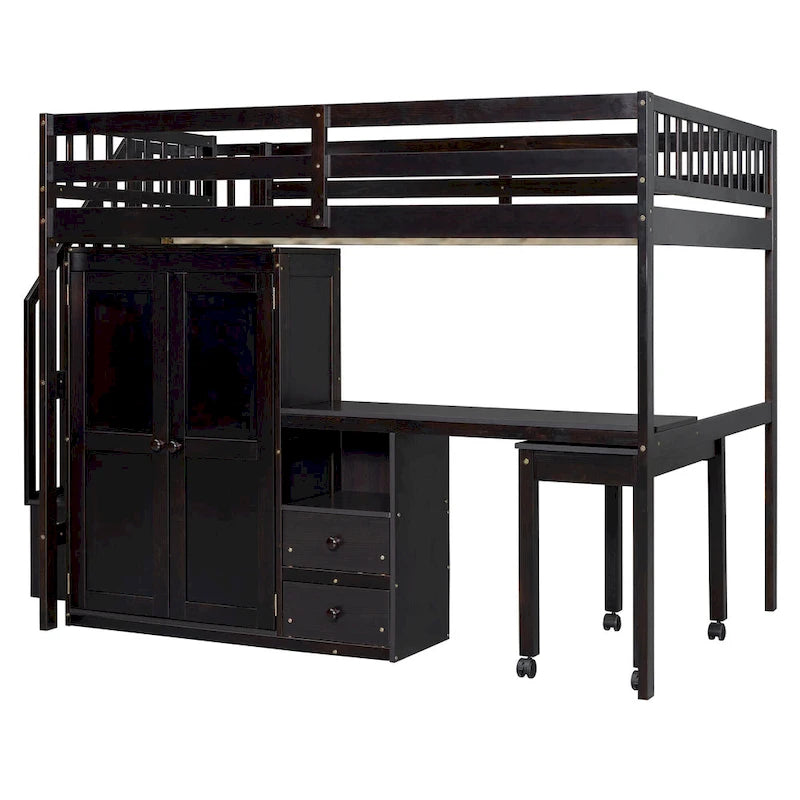 Letto a soppalco per bambini bianco/espresso/grigio con scale, scrivania integrata e contenitore, 1 persona