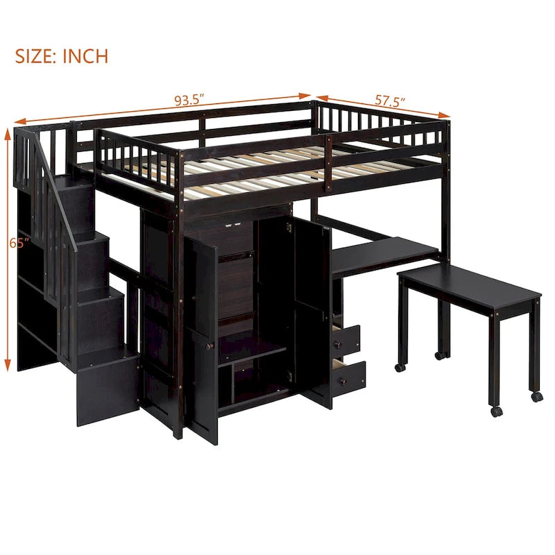Letto a soppalco per bambini bianco/espresso/grigio con scale, scrivania integrata e contenitore, 1 persona