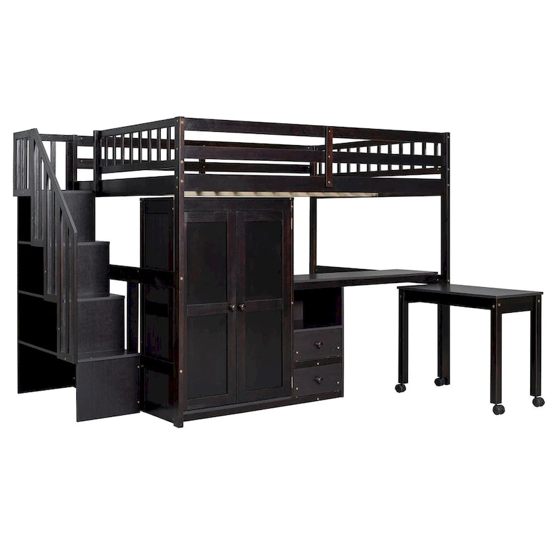 Letto a soppalco per bambini bianco/espresso/grigio con scale, scrivania integrata e contenitore, 1 persona