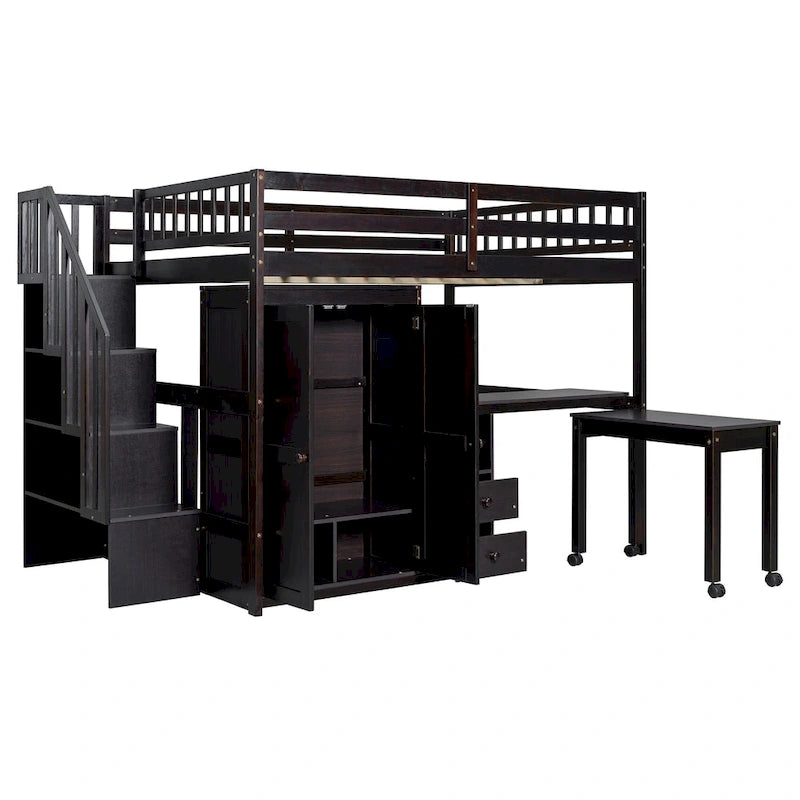 Letto a soppalco per bambini bianco/espresso/grigio con scale, scrivania integrata e contenitore, 1 persona