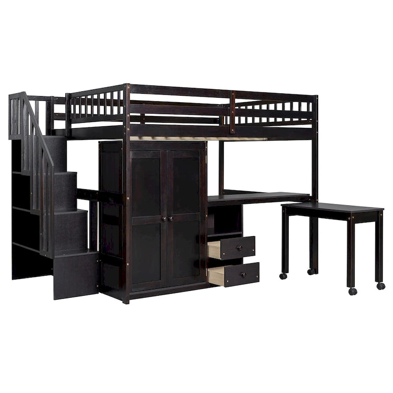 Letto a soppalco per bambini bianco/espresso/grigio con scale, scrivania integrata e contenitore, 1 persona