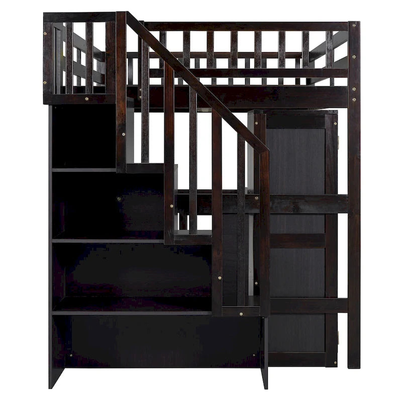 Letto a soppalco per bambini bianco/espresso/grigio con scale, scrivania integrata e contenitore, 1 persona