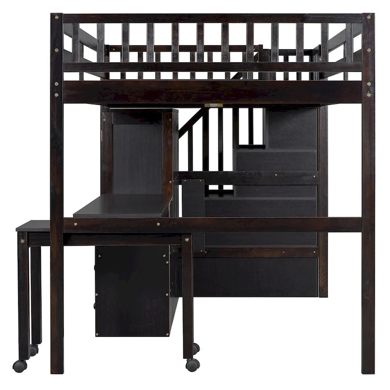 Letto a soppalco per bambini bianco/espresso/grigio con scale, scrivania integrata e contenitore, 1 persona