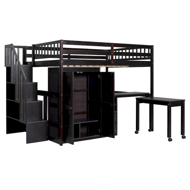 Letto a soppalco per bambini bianco/espresso/grigio con scale, scrivania integrata e contenitore, 1 persona
