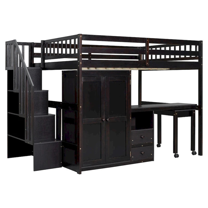 Letto a soppalco per bambini bianco/espresso/grigio con scale, scrivania integrata e contenitore, 1 persona