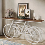 Tavolo Consolle Marrone/Bianco e Nero, Base Industriale a Bicicletta, Tavolo Stretto da Divano per 1