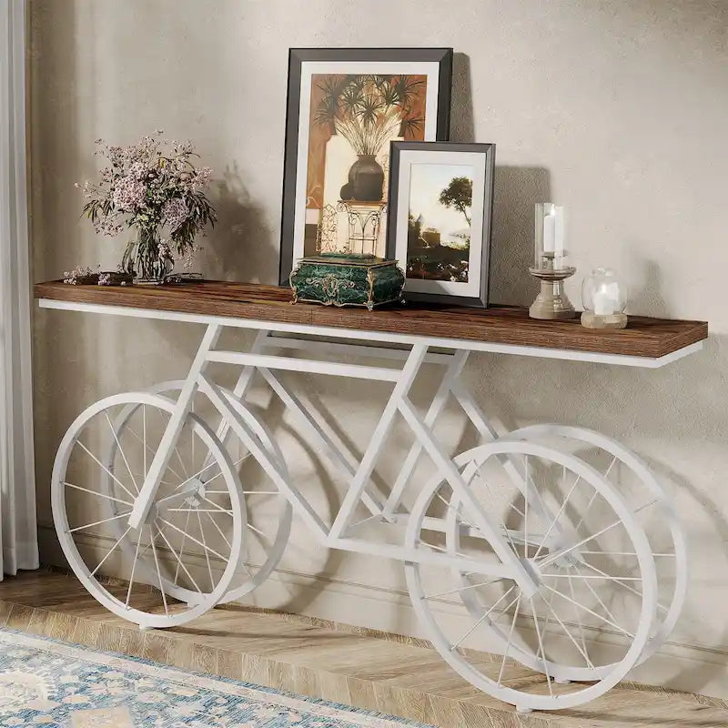 Tavolo Consolle Marrone/Bianco e Nero, Base Industriale a Bicicletta, Tavolo Stretto da Divano per 1