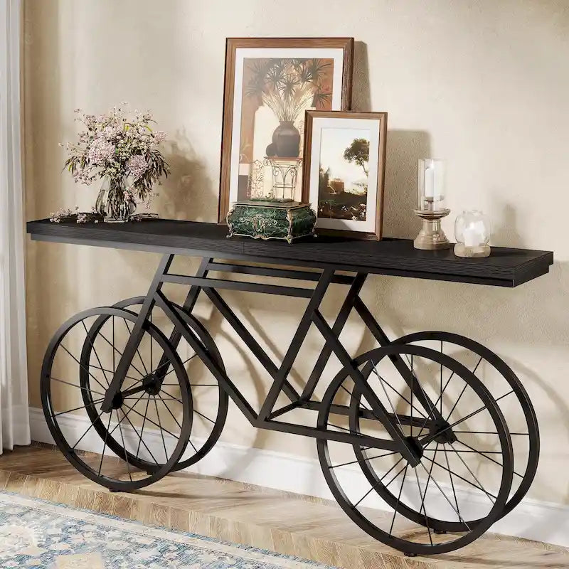 Tavolo Consolle Marrone/Bianco e Nero, Base Industriale a Bicicletta, Tavolo Stretto da Divano per 1