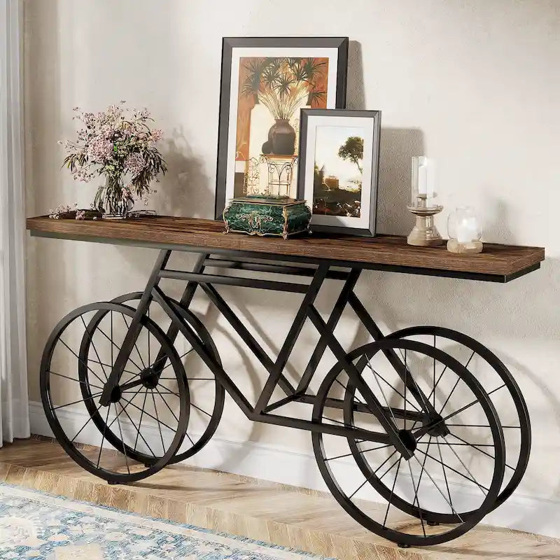 Tavolo Consolle Marrone/Bianco e Nero, Base Industriale a Bicicletta, Tavolo Stretto da Divano per 1