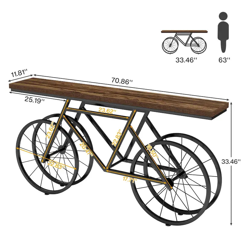 Tavolo Consolle Marrone/Bianco e Nero, Base Industriale a Bicicletta, Tavolo Stretto da Divano per 1