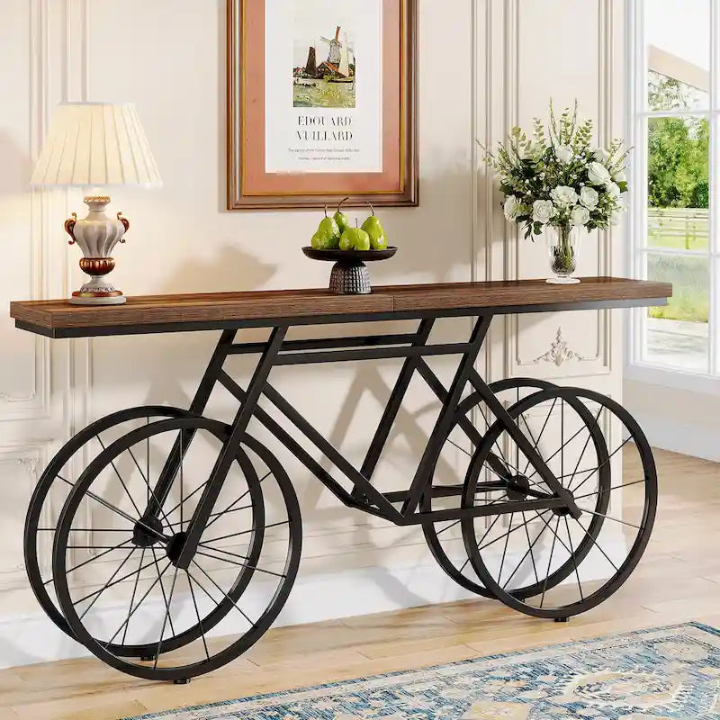 Tavolo Consolle Marrone/Bianco e Nero, Base Industriale a Bicicletta, Tavolo Stretto da Divano per 1