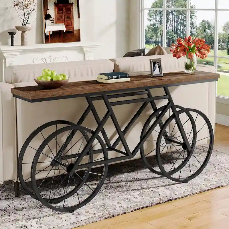 Tavolo Consolle Marrone/Bianco e Nero, Base Industriale a Bicicletta, Tavolo Stretto da Divano per 1