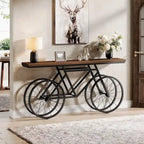 Tavolo Consolle Marrone/Bianco e Nero, Base Industriale a Bicicletta, Tavolo Stretto da Divano per 1