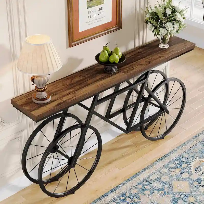 Tavolo Consolle Marrone/Bianco e Nero, Base Industriale a Bicicletta, Tavolo Stretto da Divano per 1