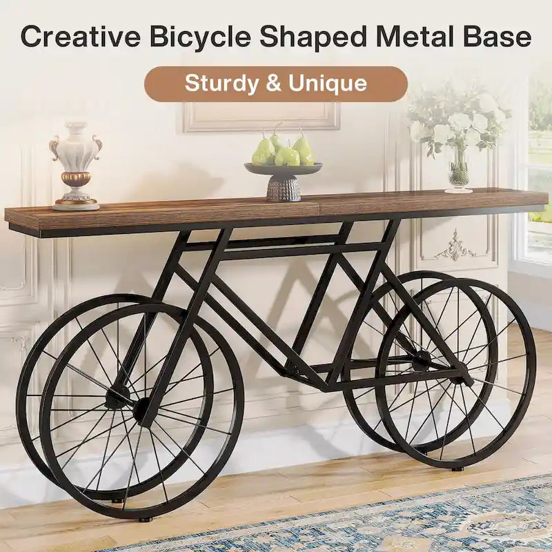 Tavolo Consolle Marrone/Bianco e Nero, Base Industriale a Bicicletta, Tavolo Stretto da Divano per 1