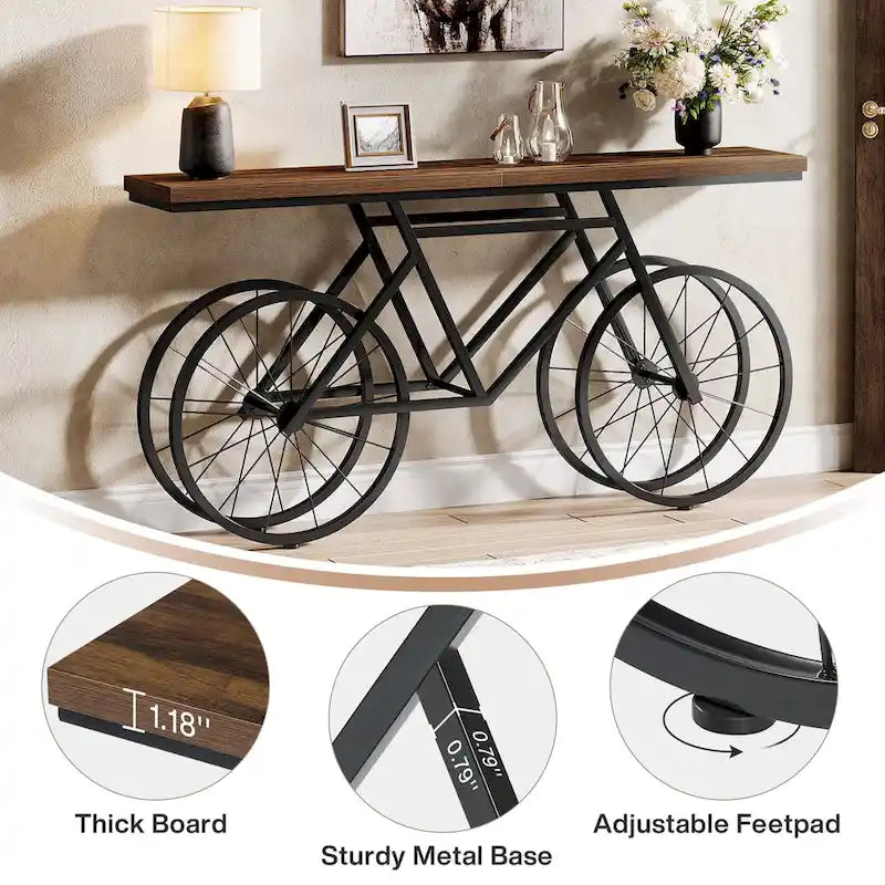 Tavolo Consolle Marrone/Bianco e Nero, Base Industriale a Bicicletta, Tavolo Stretto da Divano per 1