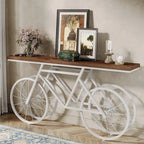 Tavolo Consolle Marrone/Bianco e Nero, Base Industriale a Bicicletta, Tavolo Stretto da Divano per 1