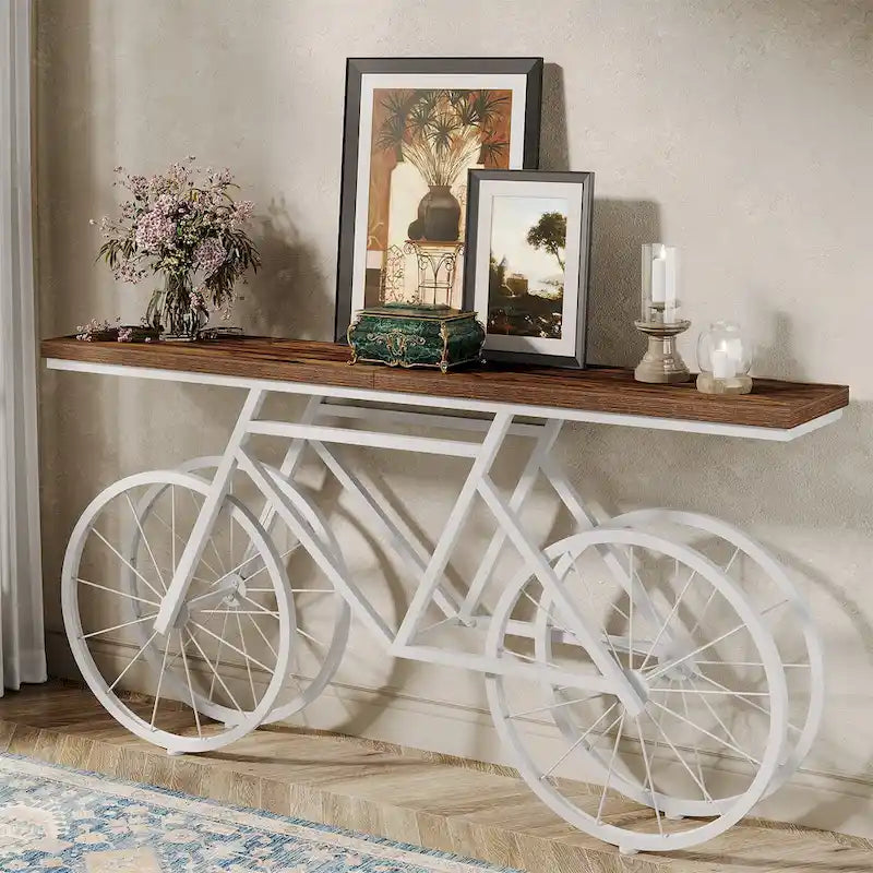Tavolo Consolle Marrone/Bianco e Nero, Base Industriale a Bicicletta, Tavolo Stretto da Divano per 1