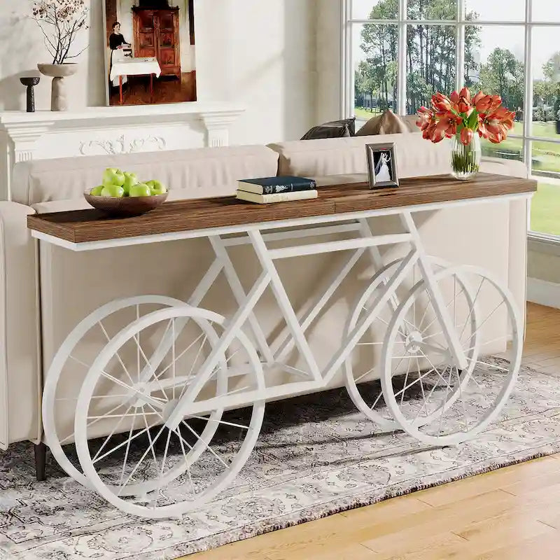 Tavolo Consolle Marrone/Bianco e Nero, Base Industriale a Bicicletta, Tavolo Stretto da Divano per 1