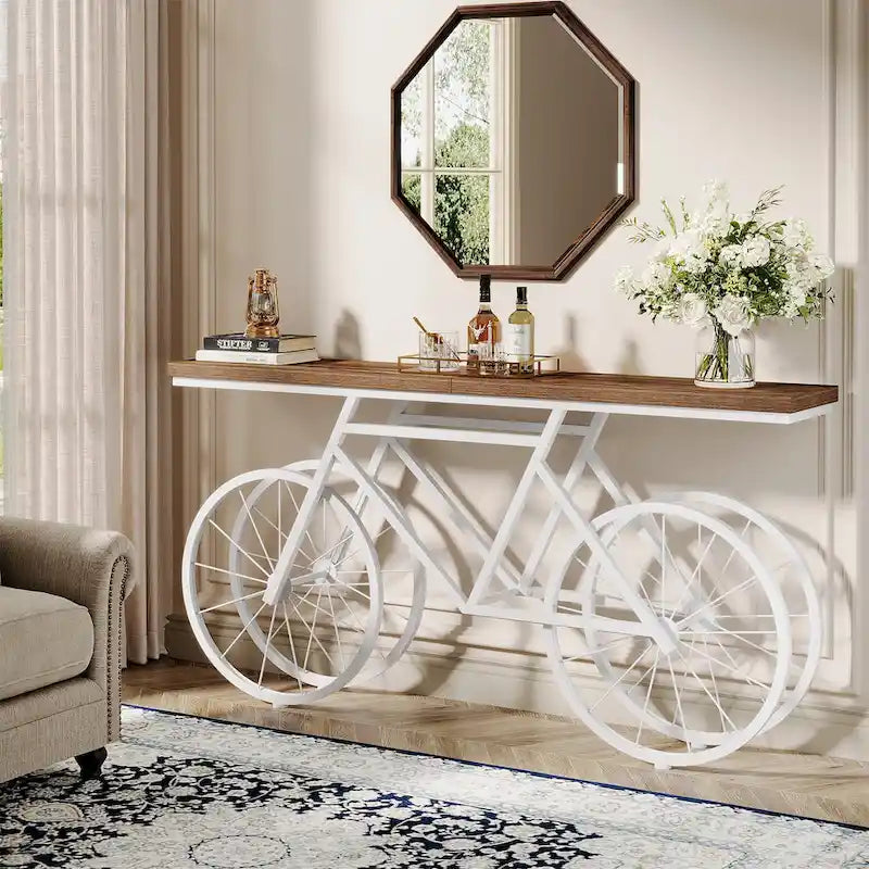 Tavolo Consolle Marrone/Bianco e Nero, Base Industriale a Bicicletta, Tavolo Stretto da Divano per 1
