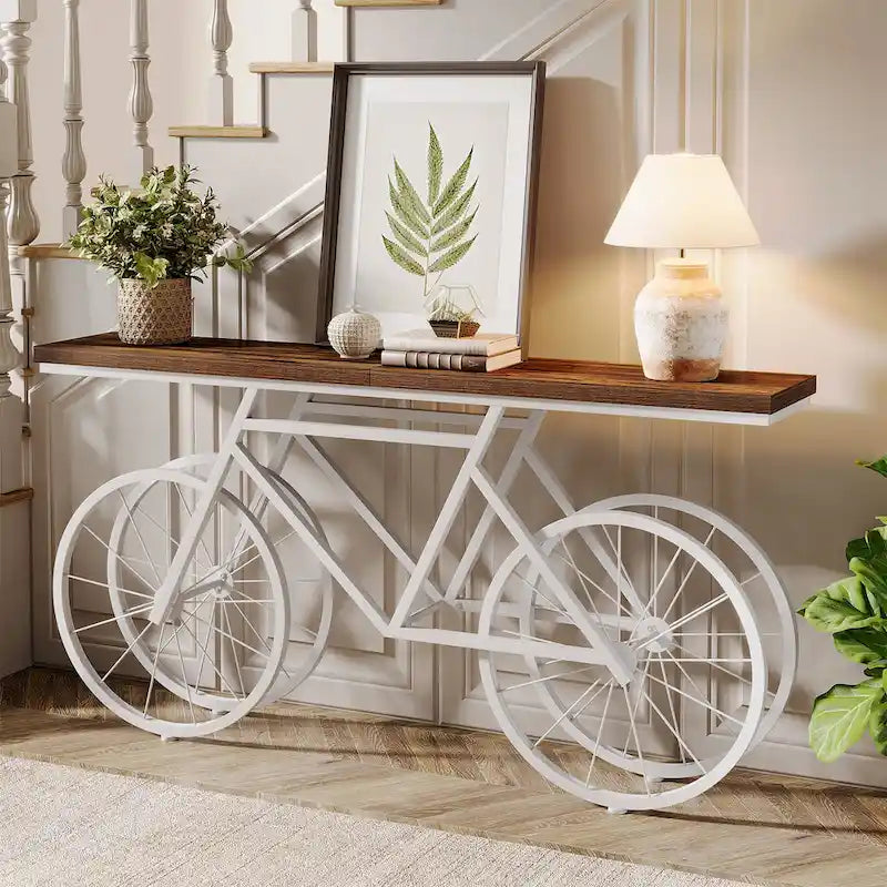 Tavolo Consolle Marrone/Bianco e Nero, Base Industriale a Bicicletta, Tavolo Stretto da Divano per 1