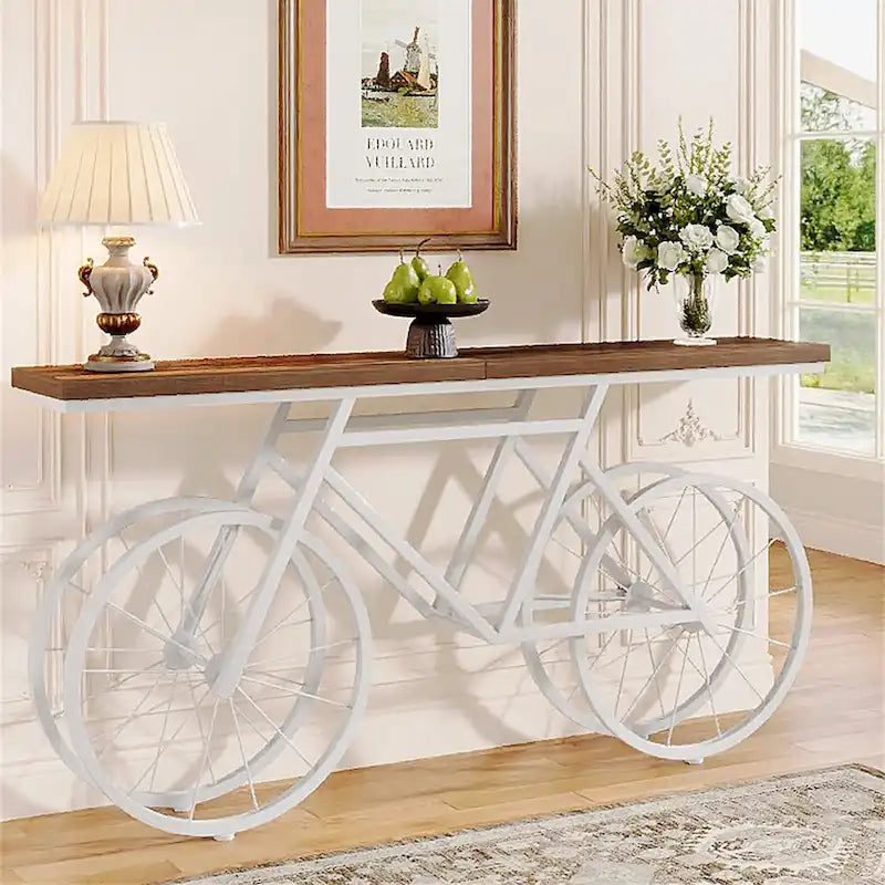 Tavolo Consolle Marrone/Bianco e Nero, Base Industriale a Bicicletta, Tavolo Stretto da Divano per 1