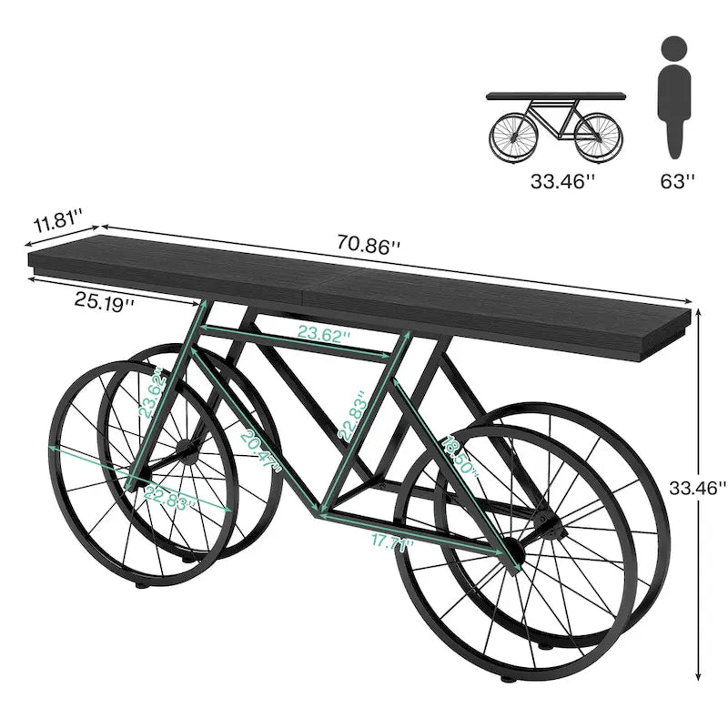Tavolo Consolle Marrone/Bianco e Nero, Base Industriale a Bicicletta, Tavolo Stretto da Divano per 1