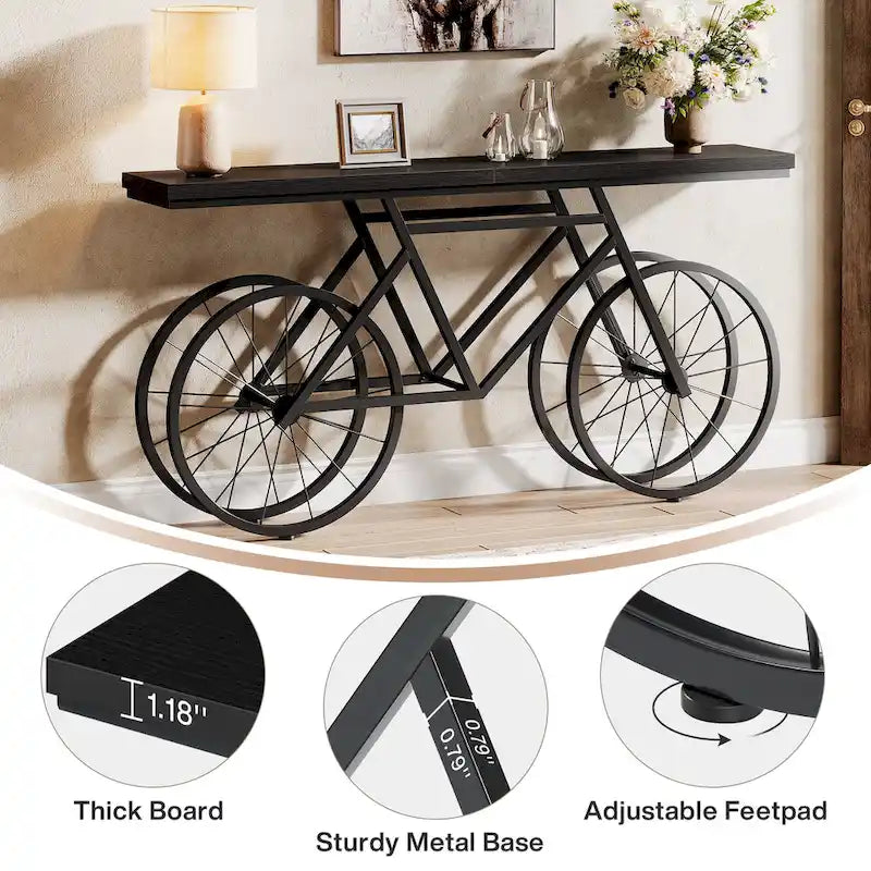 Tavolo Consolle Marrone/Bianco e Nero, Base Industriale a Bicicletta, Tavolo Stretto da Divano per 1
