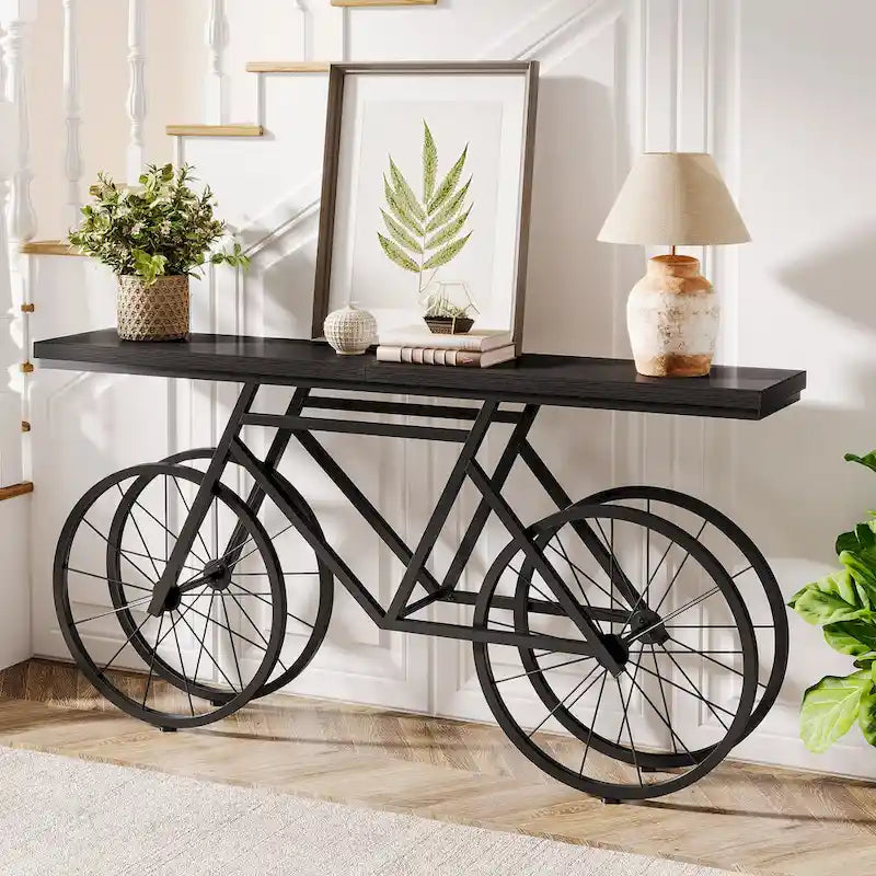 Tavolo Consolle Marrone/Bianco e Nero, Base Industriale a Bicicletta, Tavolo Stretto da Divano per 1