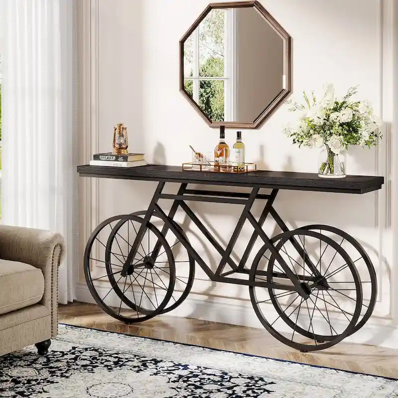 Tavolo Consolle Marrone/Bianco e Nero, Base Industriale a Bicicletta, Tavolo Stretto da Divano per 1