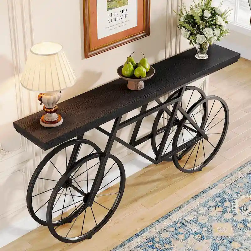Tavolo Consolle Marrone/Bianco e Nero, Base Industriale a Bicicletta, Tavolo Stretto da Divano per 1
